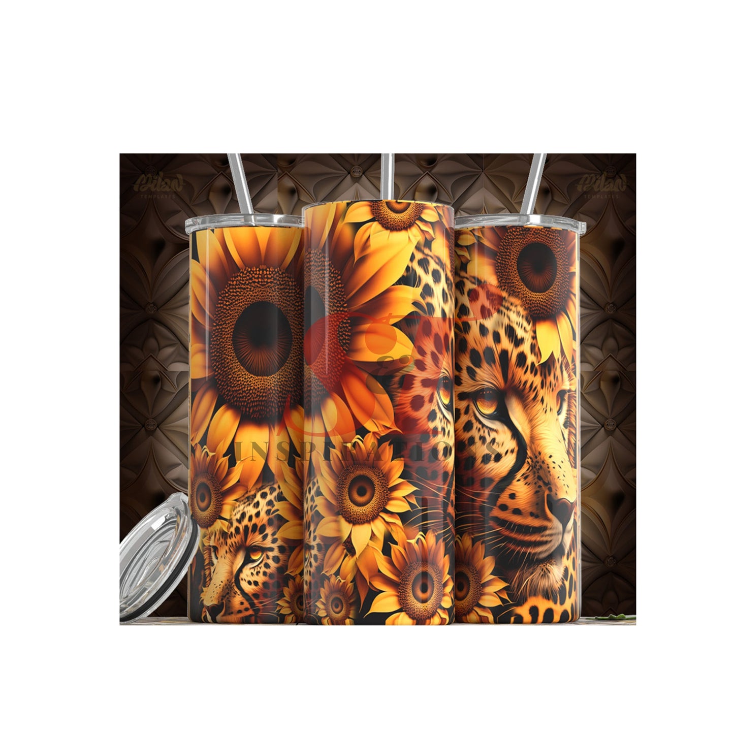 A set of three tall tumblers with a cheetah and sunflower design, displayed with their lids and straws removed.