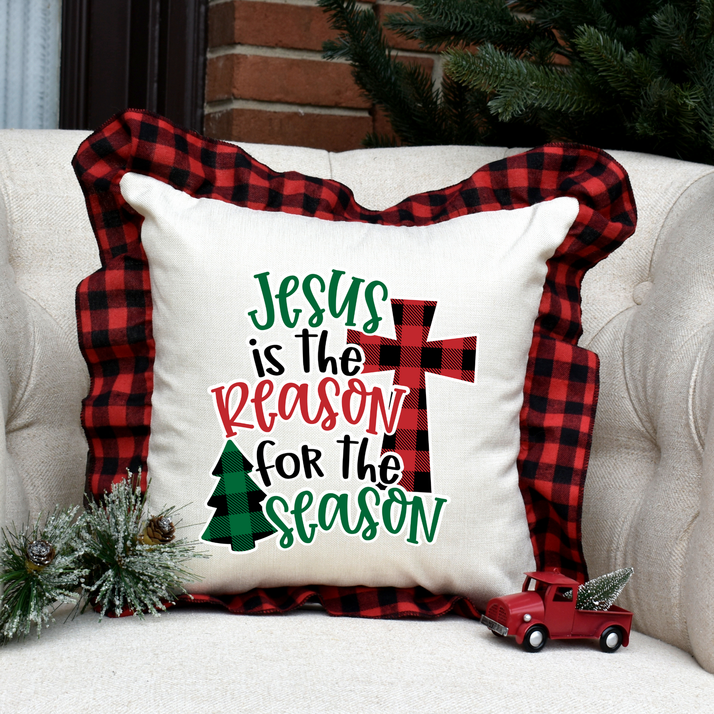 Jesus is the Reason for the Season" Buffalo Plaid Ruffled Pillowcase (Insert Not Included)