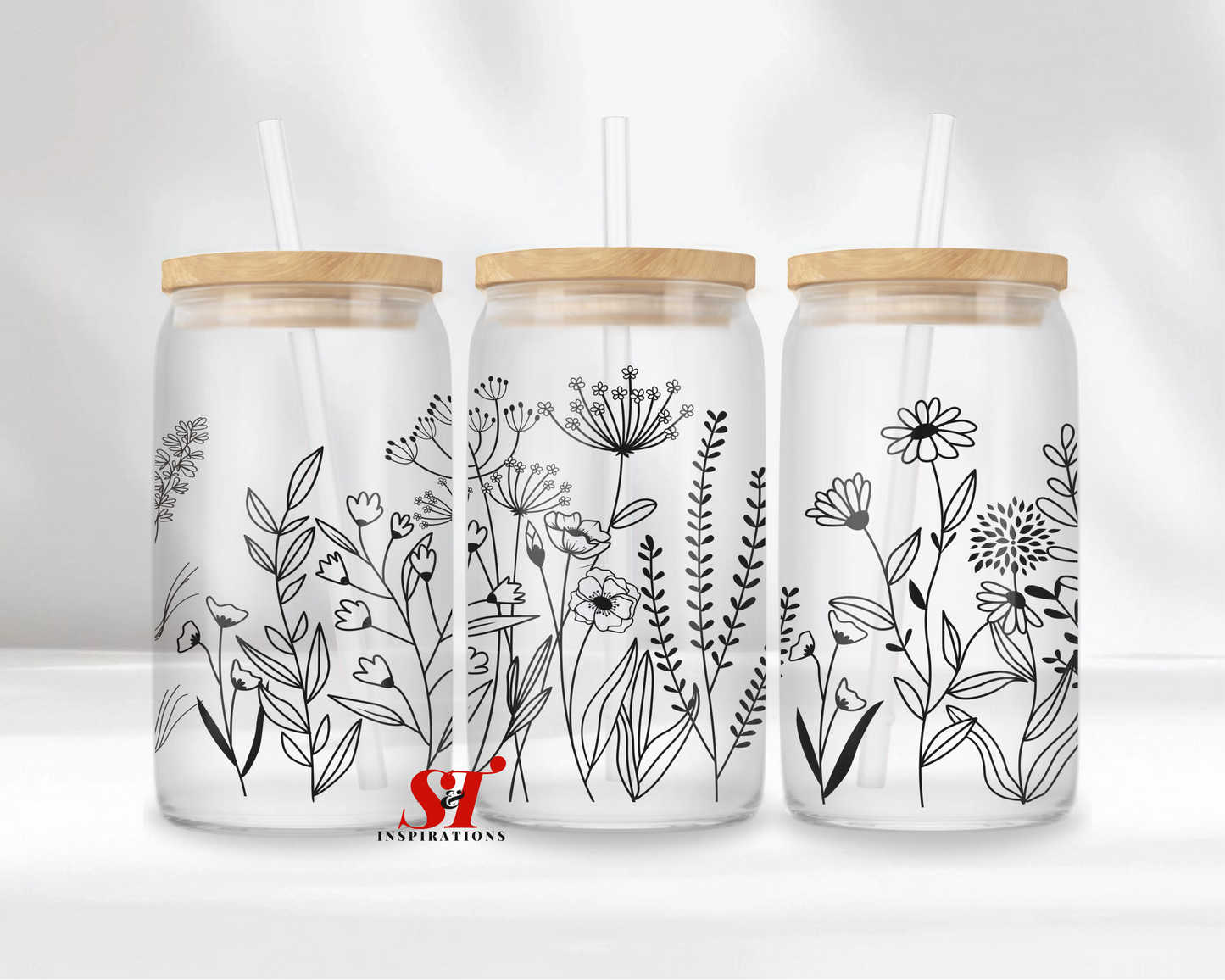 Black & White Floral Glass Can Tumblers, Flower Glass Can with Bamboo Lid and Straw