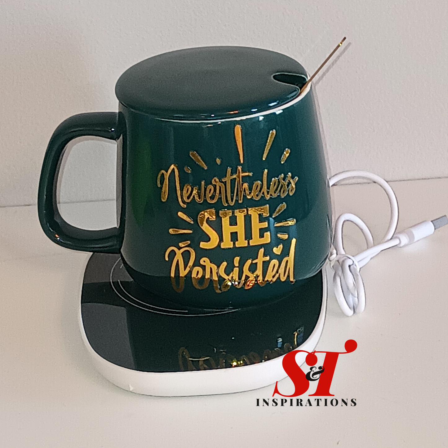 "Nevertheless, She Persisted" Mug and Warmer with Gold Spoon