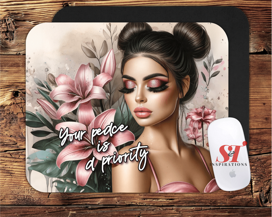Affirmation Mouse Pad for Women – “Your Peace is a Priority” Floral Desk Accessory | Inspirational Office Decor | Gift for Her