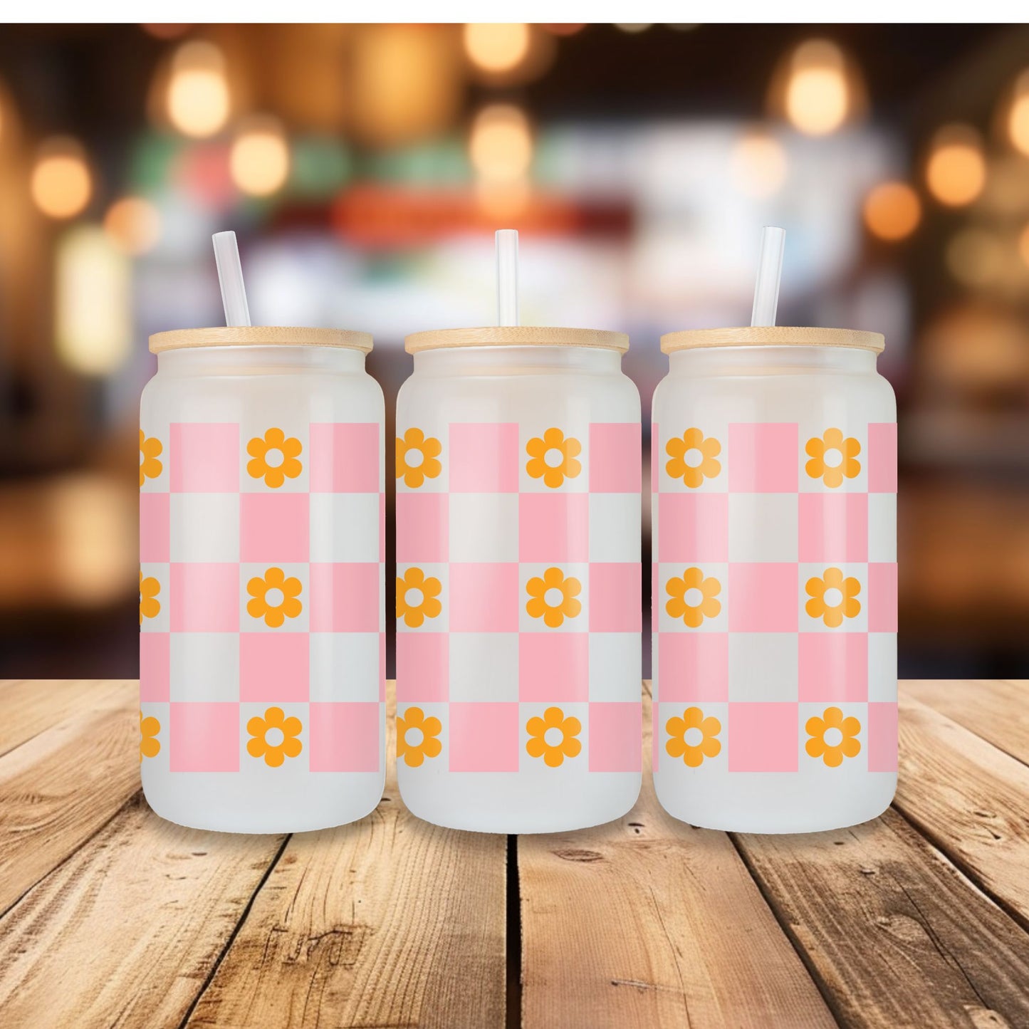 Retro Floral Checkered Frosted Glass Can with Bamboo Lid and Straw