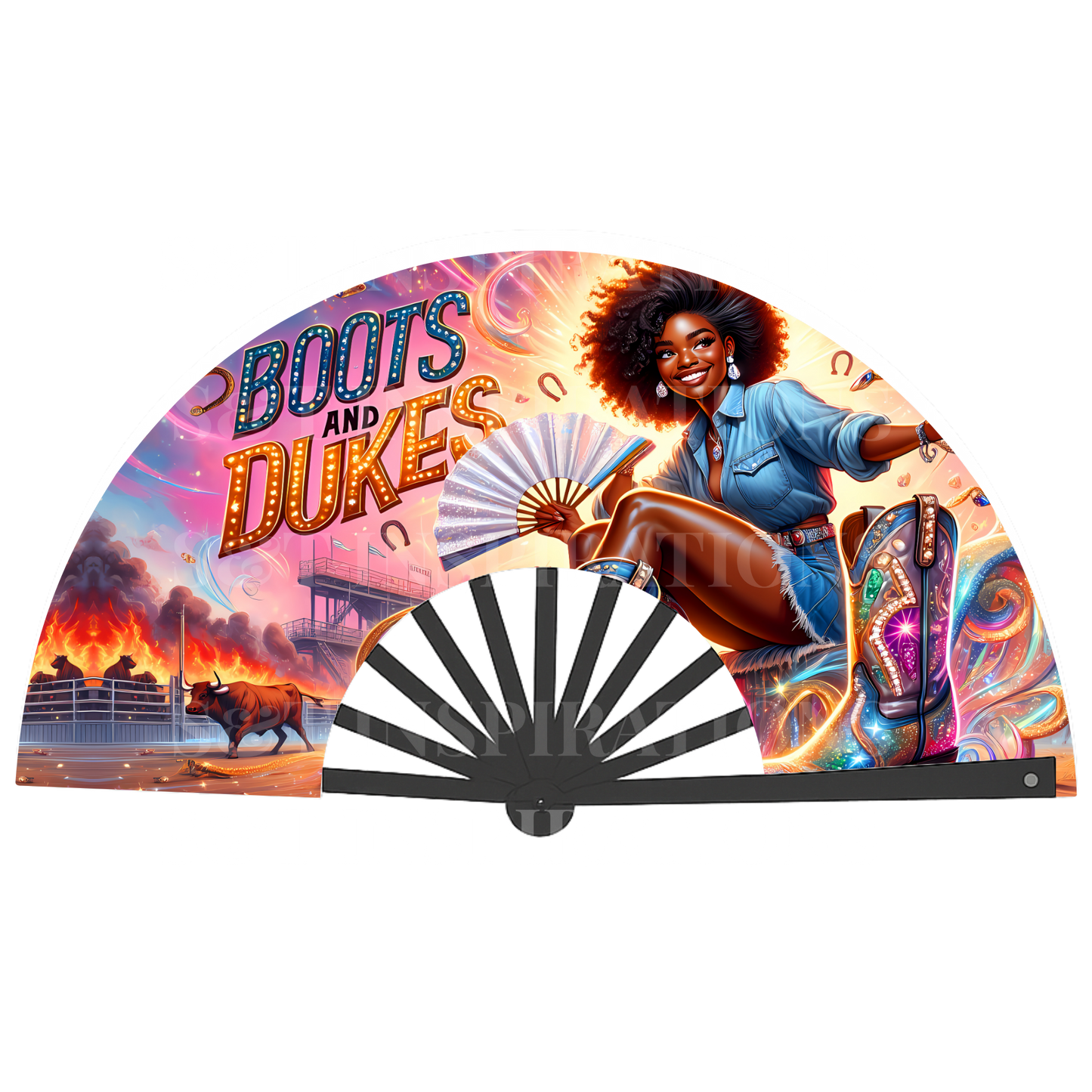 Boots and Dukes Clack Fan Digital Design | Black Cowgirl Printable Fan | Western Faith Fan for Rodeo Praise & Power