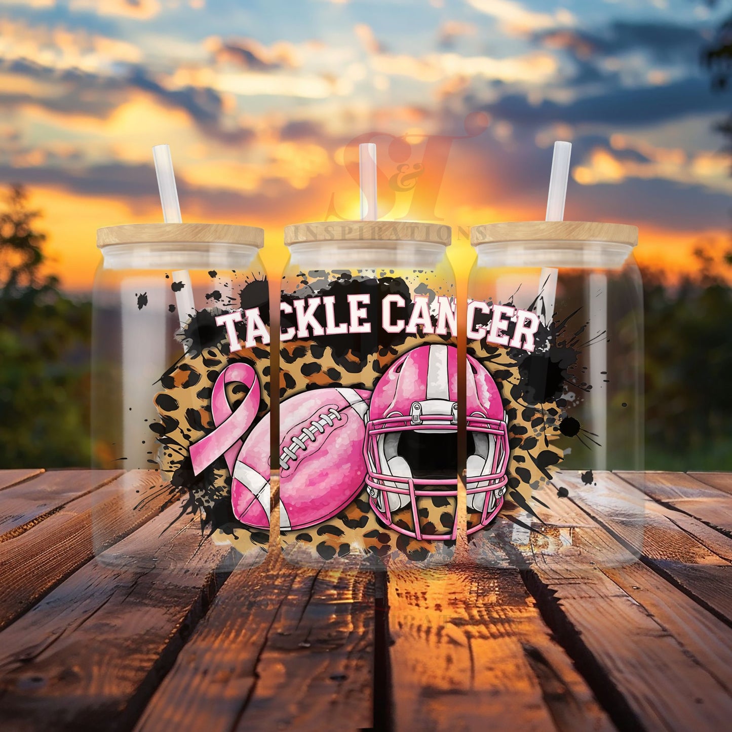 Tackle Cancer Glass Can with Bamboo Lid and Straw