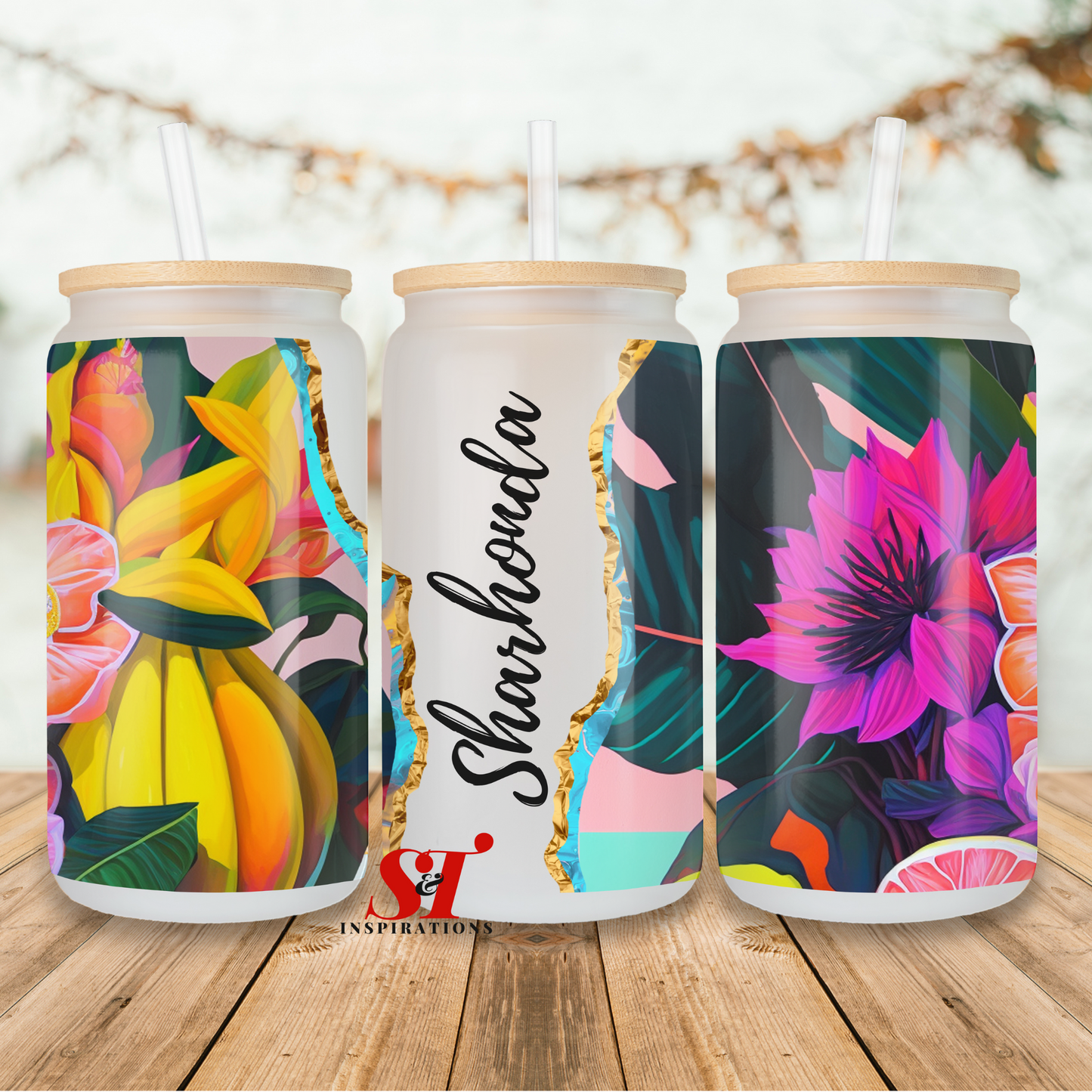 Tropical Floral Personalized Glass Can Tumbler Bamboo Lid and Straw