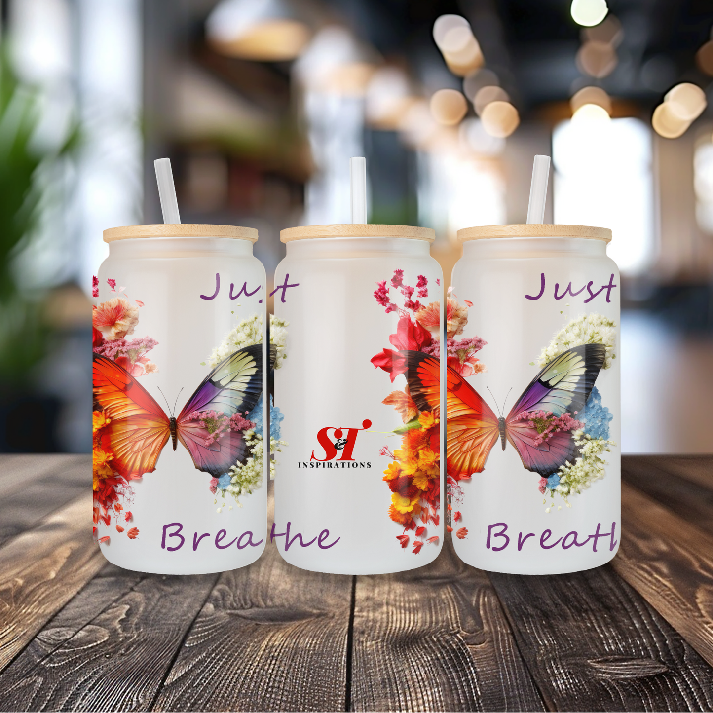 Butterfly Glass Can Tumbler with Bamboo Lid and Straw – Just Breathe Design