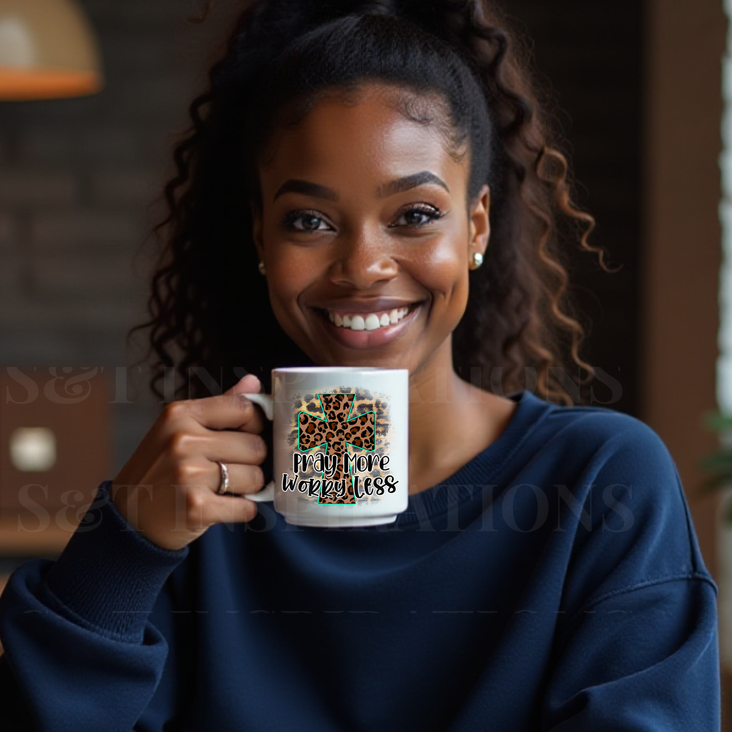 Pray More Worry Less Mug – Christian Leopard Cross Coffee Cup, Inspirational Gift White Mug