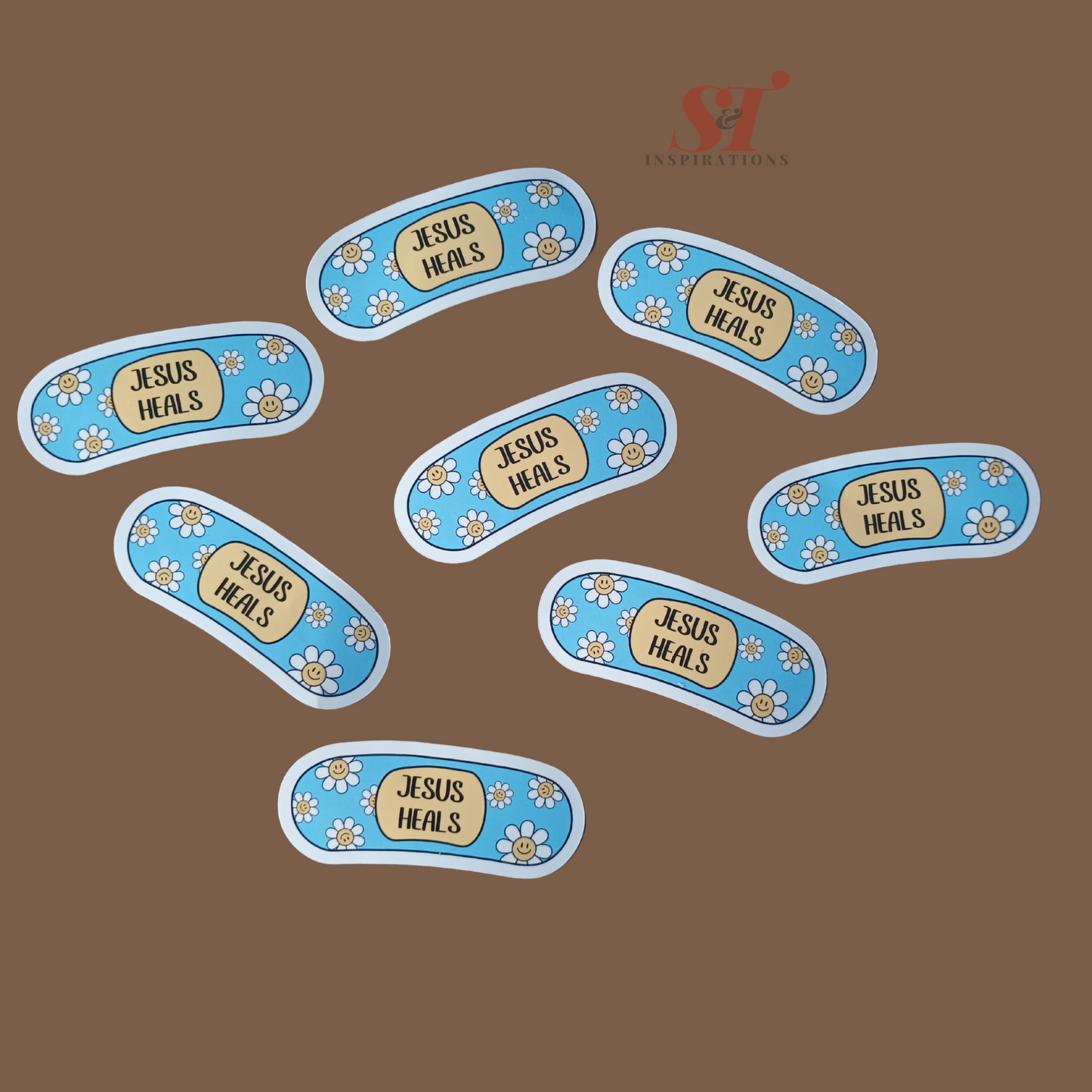 Blue Jesus Heals Sticker – Faith Bandage with Daisies, 3" Waterproof Vinyl