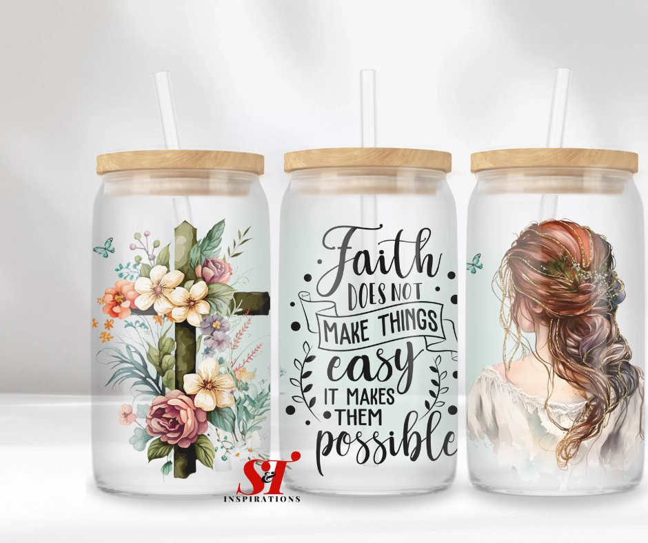 Faith Doesn't Make Things Easy, It Makes Them Possible, Quotes, Religion Glass Tumbler with Bamboo Lid and Straw