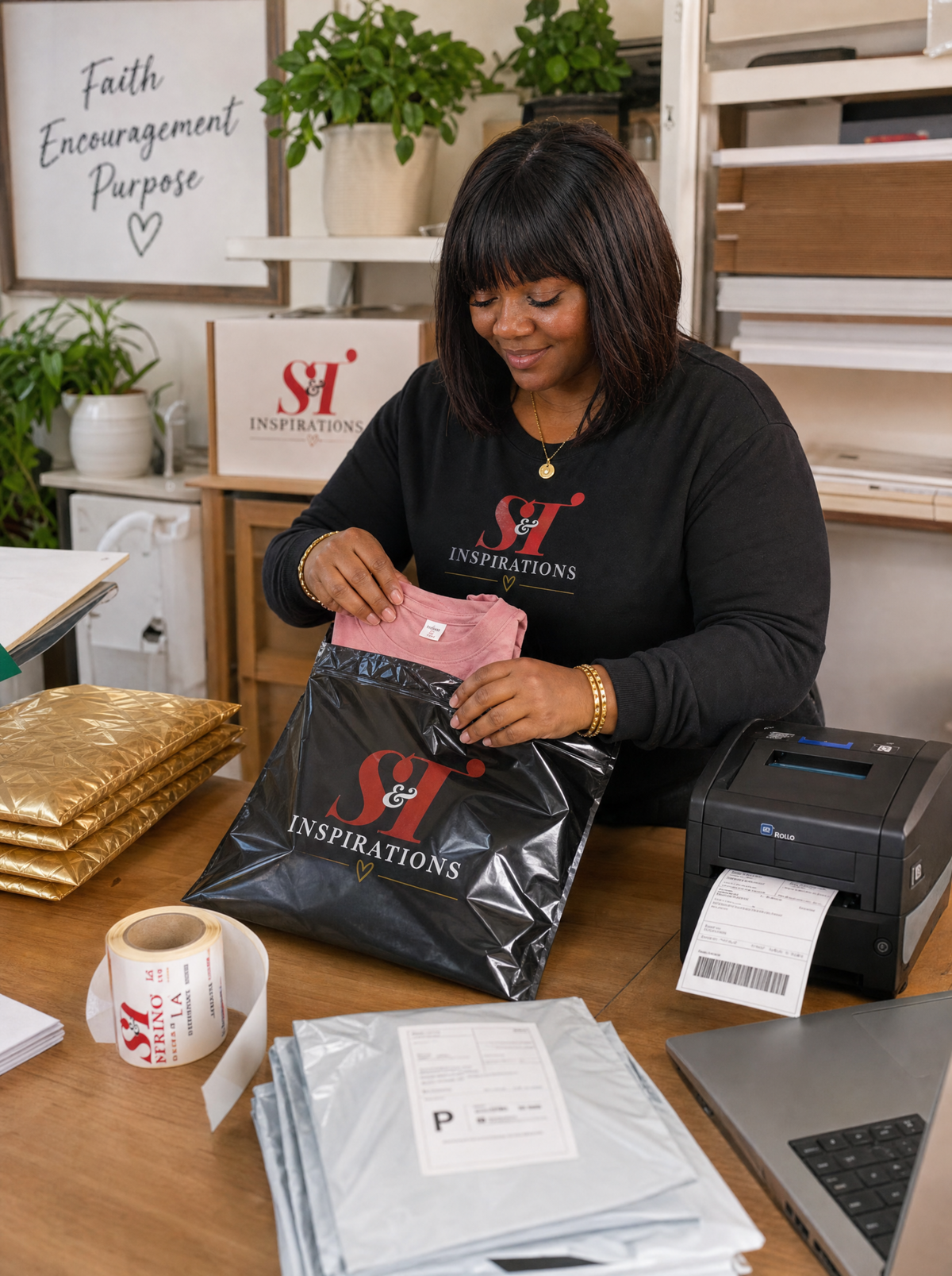 A woman wearing a black long-sleeve shirt with a red and white 'SI INSPIRATIONS' logo sits at a wooden desk, packing a black shipping bag with a pink garment inside. The desk is cluttered with shipping labels, a gold foil mailer, a silver package, a laptop, and a receipt printer, set against a background of shelves and plants.