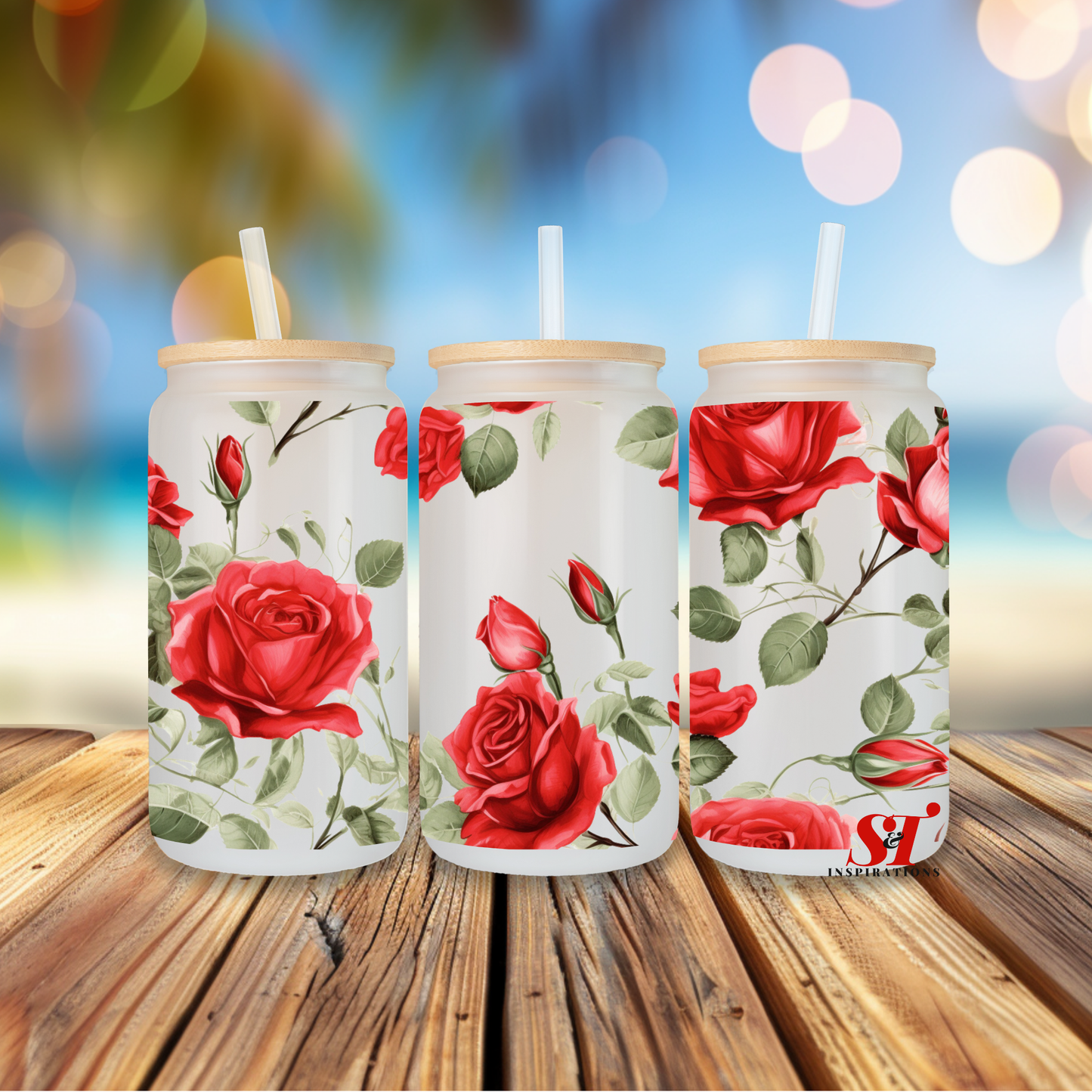 Red Rose Glass Can Tumbler with Bamboo Lid & Straw