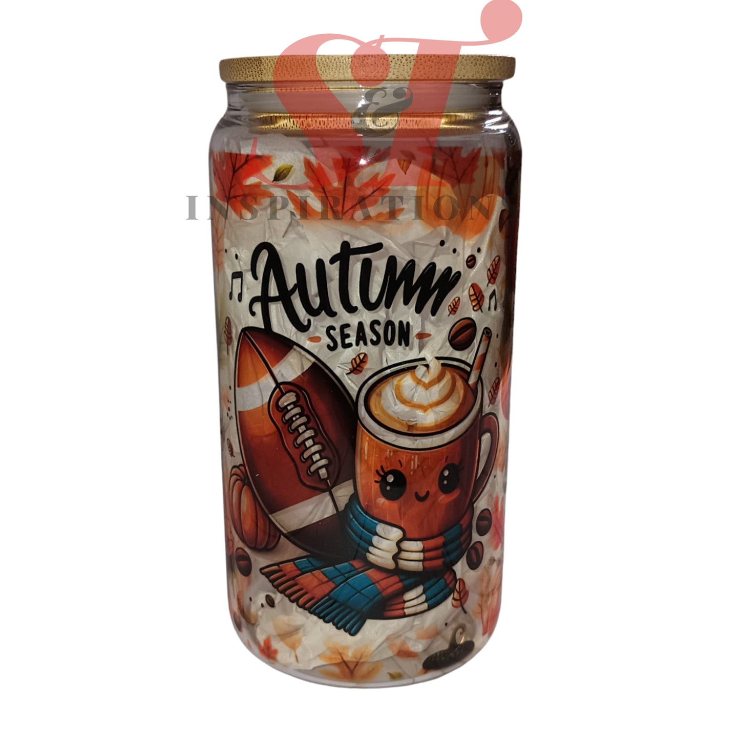 Autumn Season & Football glass tumbler with bamboo lid