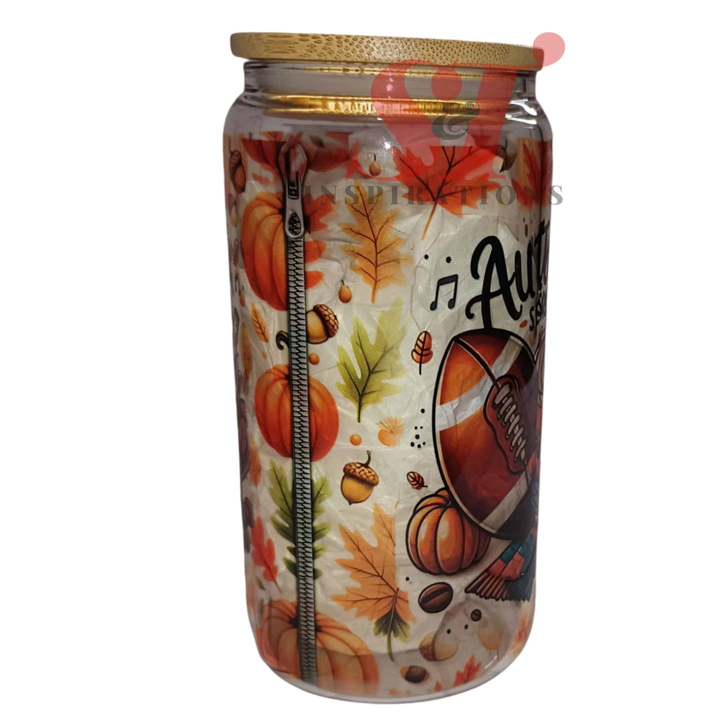 Autumn Season & Football glass tumbler with bamboo lid