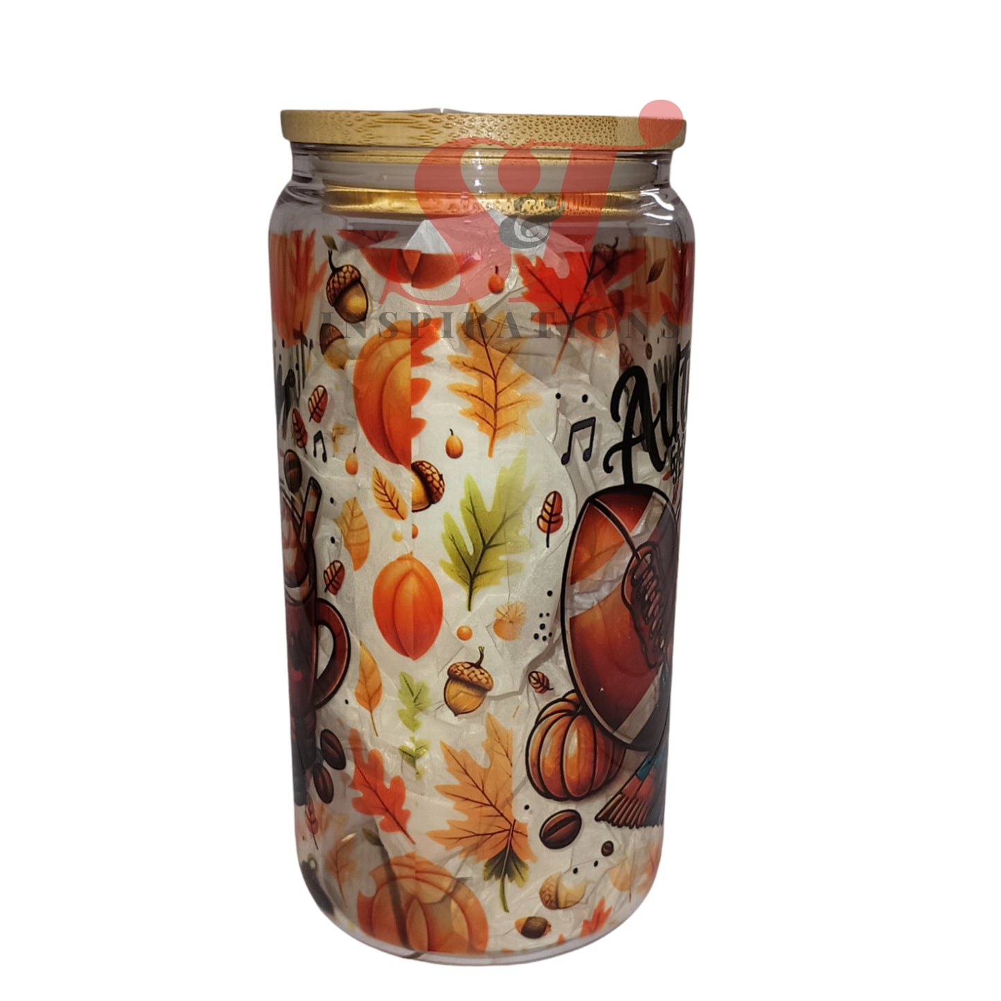 Autumn Season & Football glass tumbler with bamboo lid