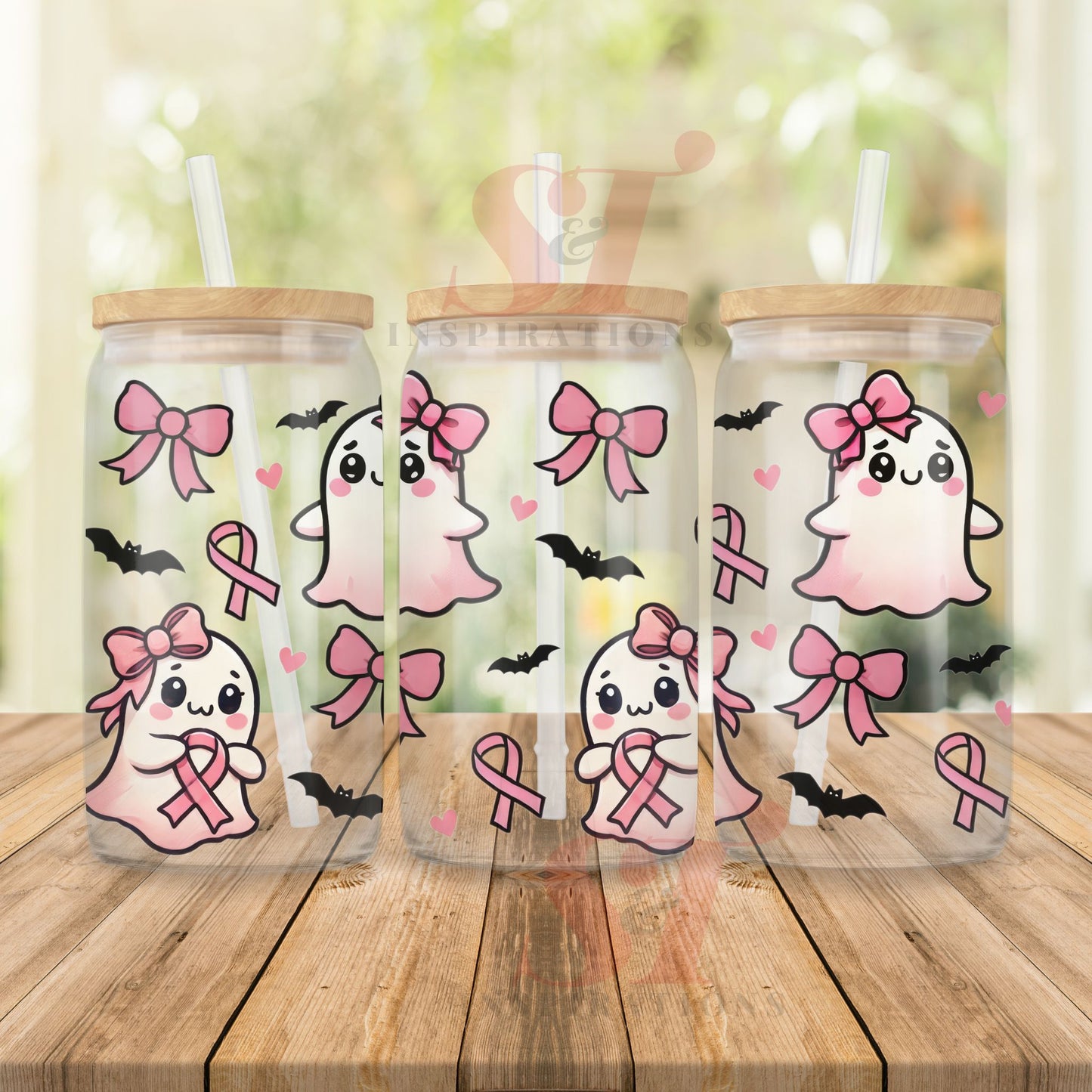 Breast Cancer Awareness Pink Ghost Frosted Glass Can with Bamboo Lid and Straw