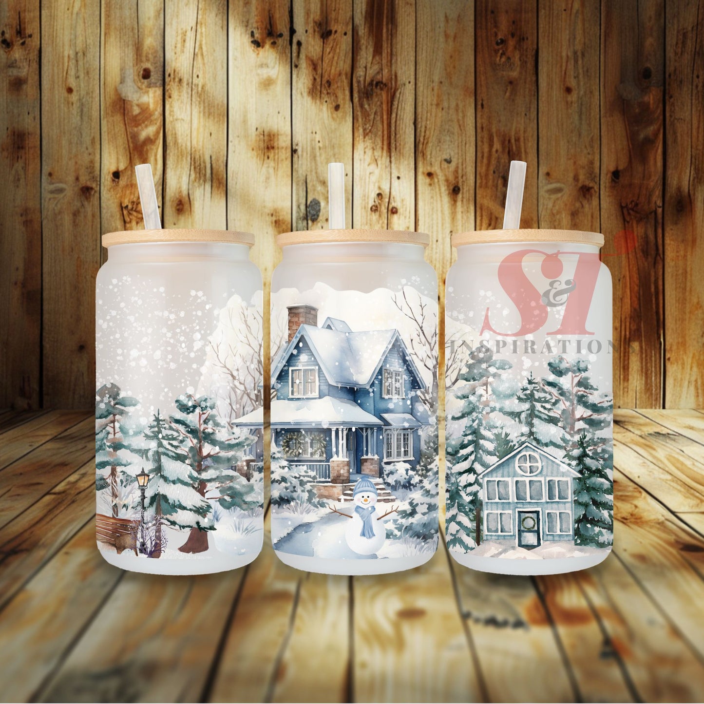 Winter Wonderland Frosted Glass Tumbler with Snowy Village Design & Bamboo  Lid