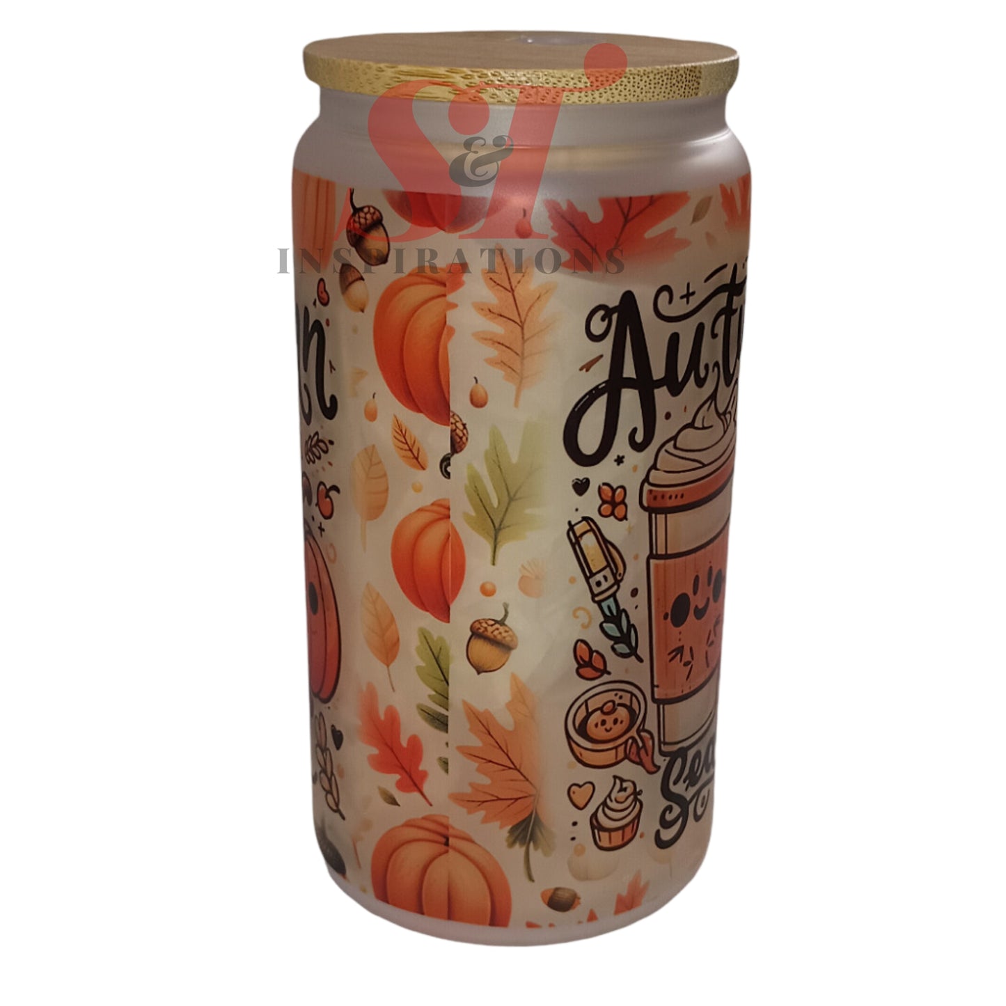 Autumn Season glass tumbler  with bamboo lid