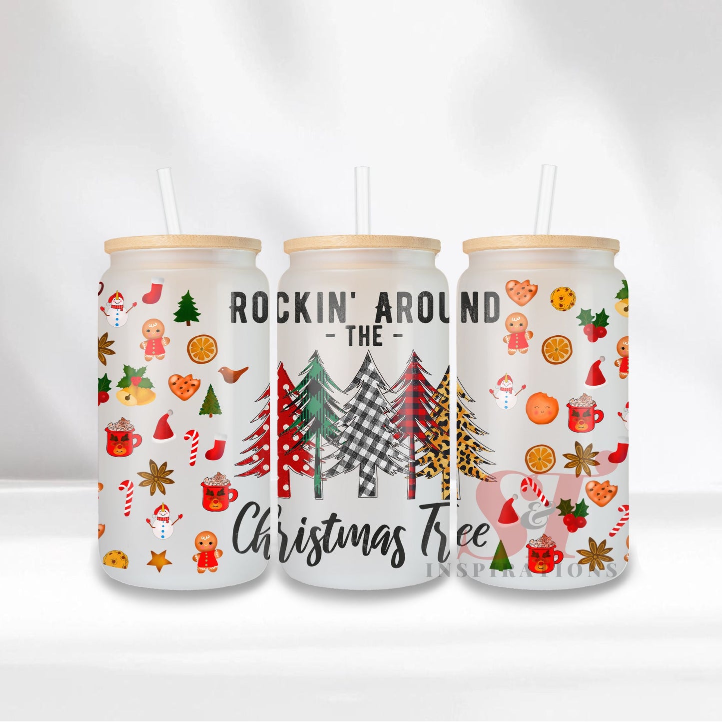 Rockin' Around the Christmas Tree  Frosted Glass Tumbler Can with Bamboo lid