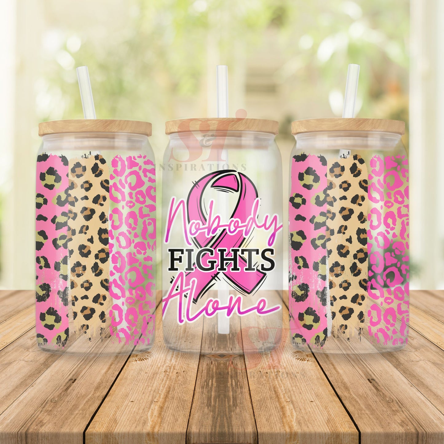 "Nobody Fights Alone" Frosted Glass Can with Bamboo Lid and Straw