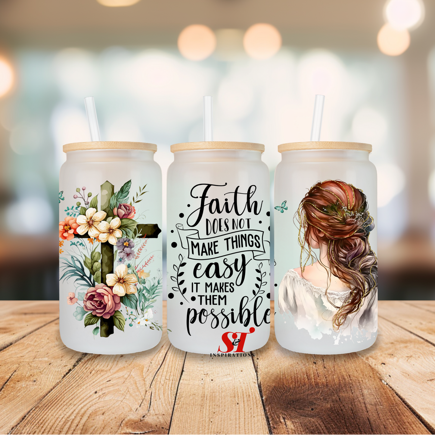 Faith Doesn't Make Things Easy, It Makes Them Possible, Quotes, Religion Glass Tumbler with Bamboo Lid and Straw
