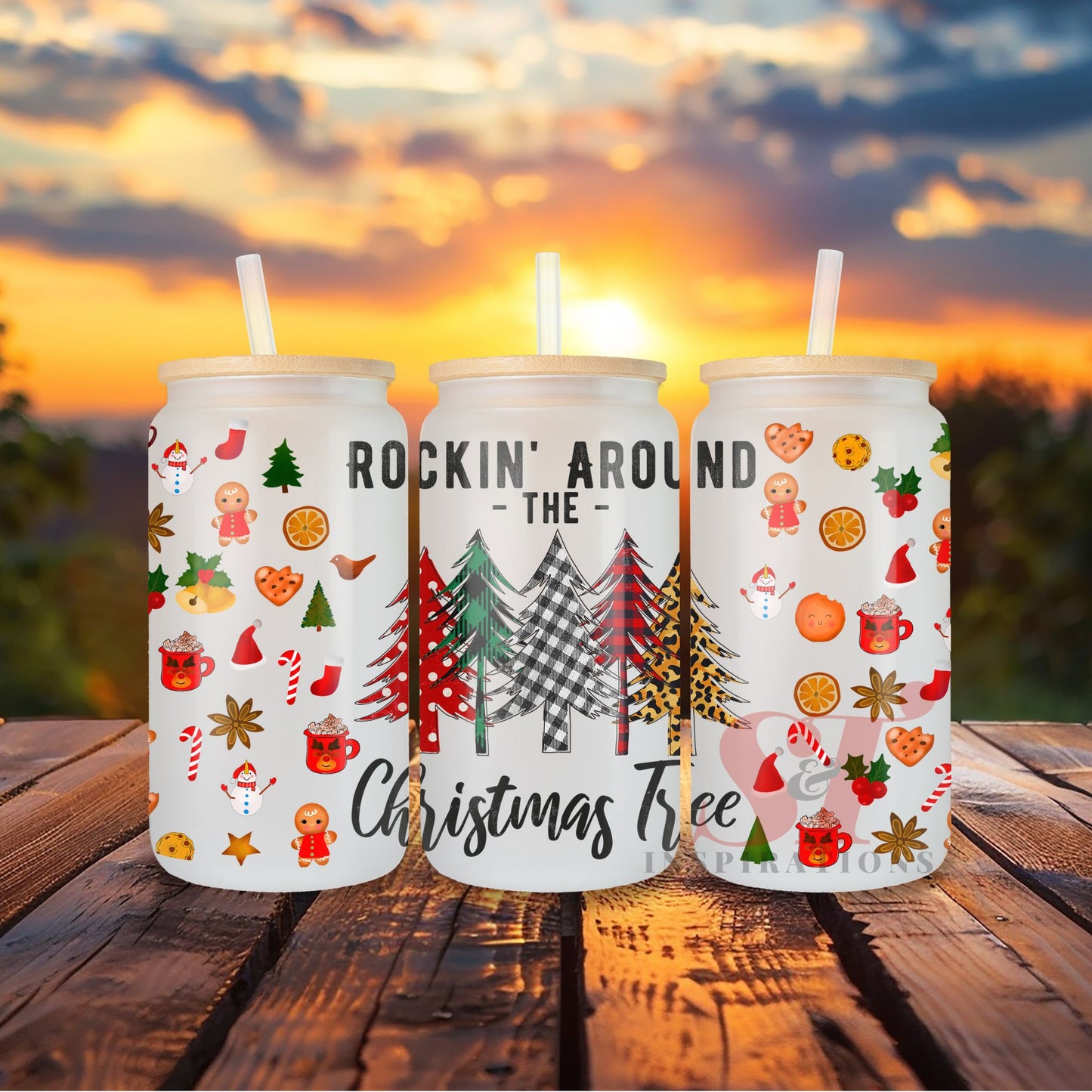 Rockin' Around the Christmas Tree  Frosted Glass Tumbler Can with Bamboo lid