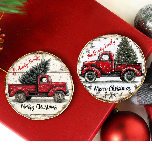 Personalized Red Vintage Truck Family Christmas Ornament