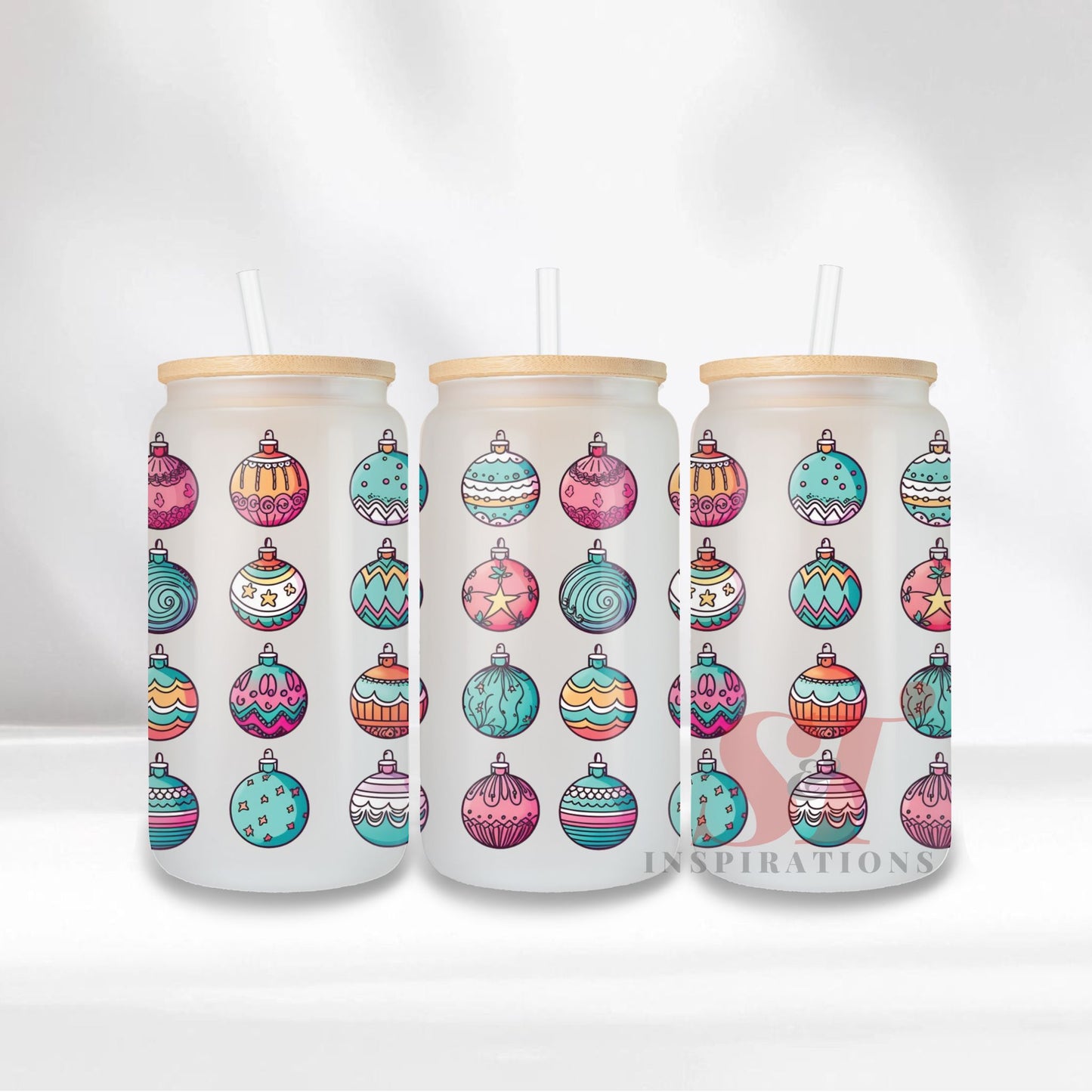 Colorful Christmas Ornaments Glass Can Tumbler with Bamboo Lid