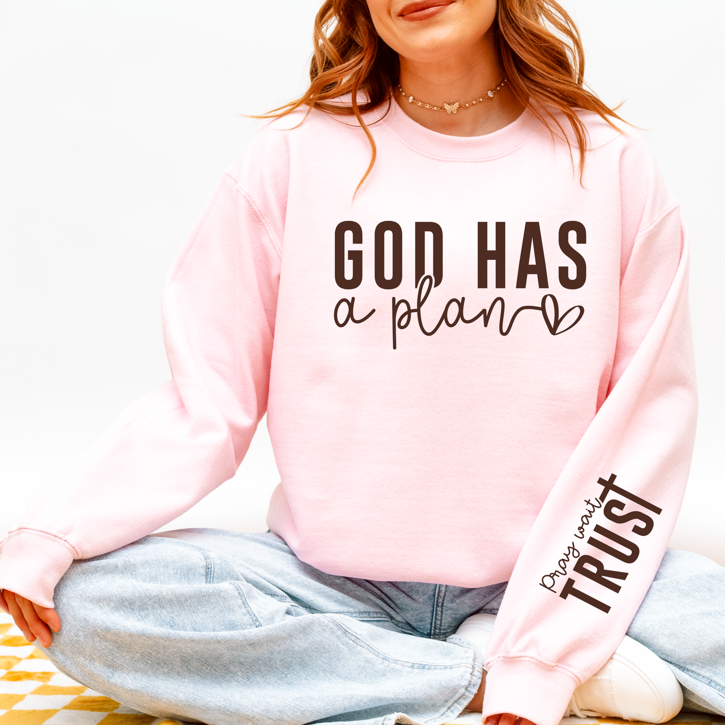 God Has a Plan Sweatshirt – Sand & Pink Gildan 18000 Christian Crewneck | Pray Wait Trust Faith Apparel for Women