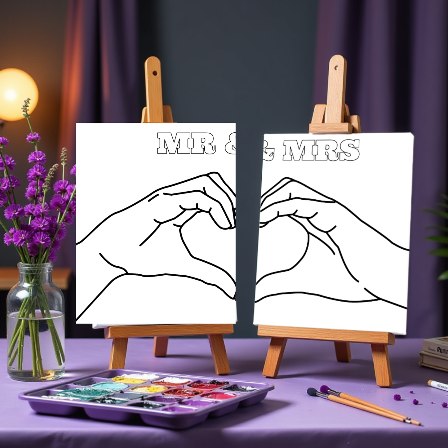 Two Canvas, One Love: Mr. & Mrs. Canvas Art Set – Black and White Line Sketch Hands, Romantic Couple Wall Décor, Wedding Gift 12x12 Canvas