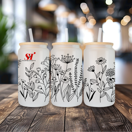 Black & White Floral Glass Can Tumblers, Flower Glass Can with Bamboo Lid and Straw