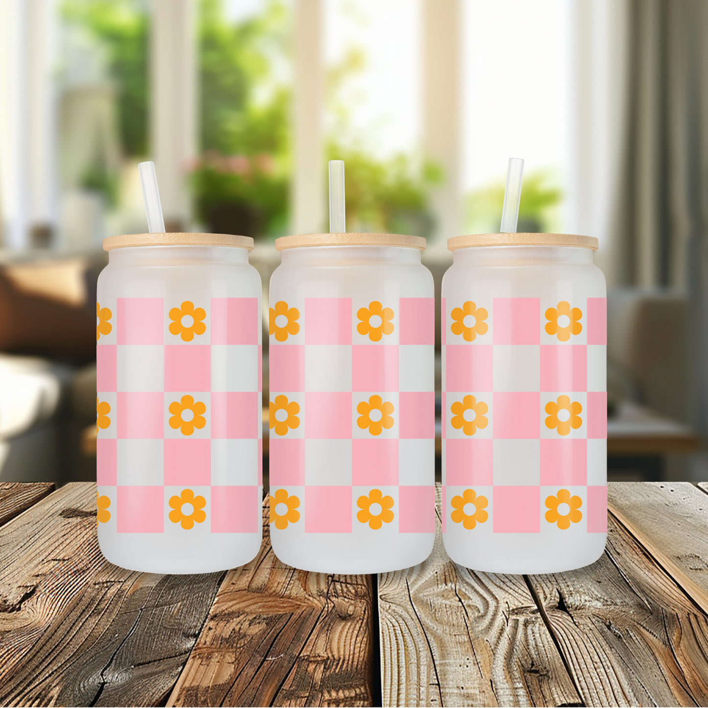 Retro Floral Checkered Frosted Glass Can with Bamboo Lid and Straw