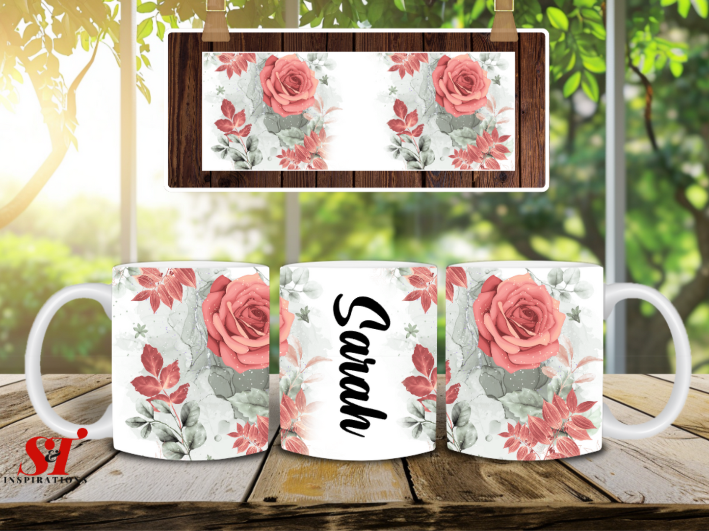 Personalized Floral Rose Mug – Custom Name Coffee Cup