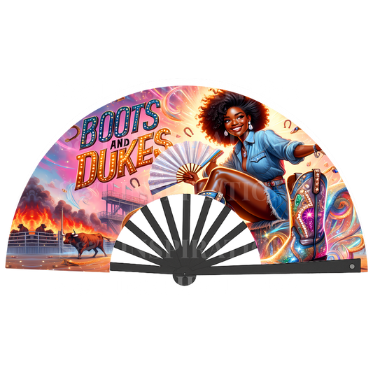 Boots and Dukes Clack Fan Digital Design | Black Cowgirl Printable Fan | Western Faith Fan for Rodeo Praise & Power