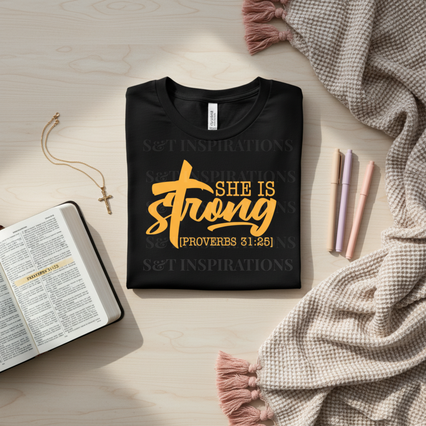 She Is Strong T-Shirt – Proverbs 31:25 Christian Apparel for Women | Faith & Inspiration Tee