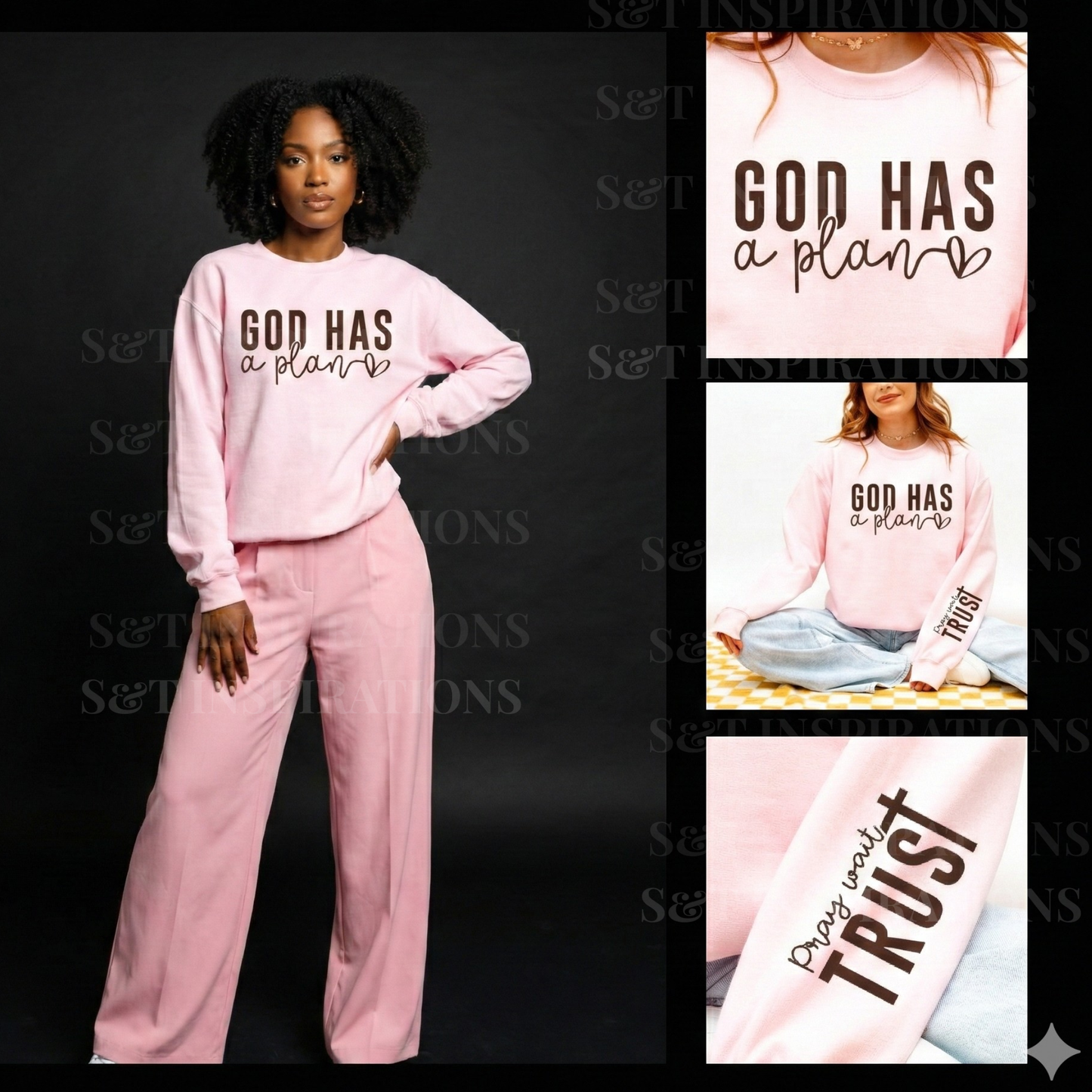 God Has a Plan Sweatshirt – Sand & Pink Gildan 18000 Christian Crewneck | Pray Wait Trust Faith Apparel for Women