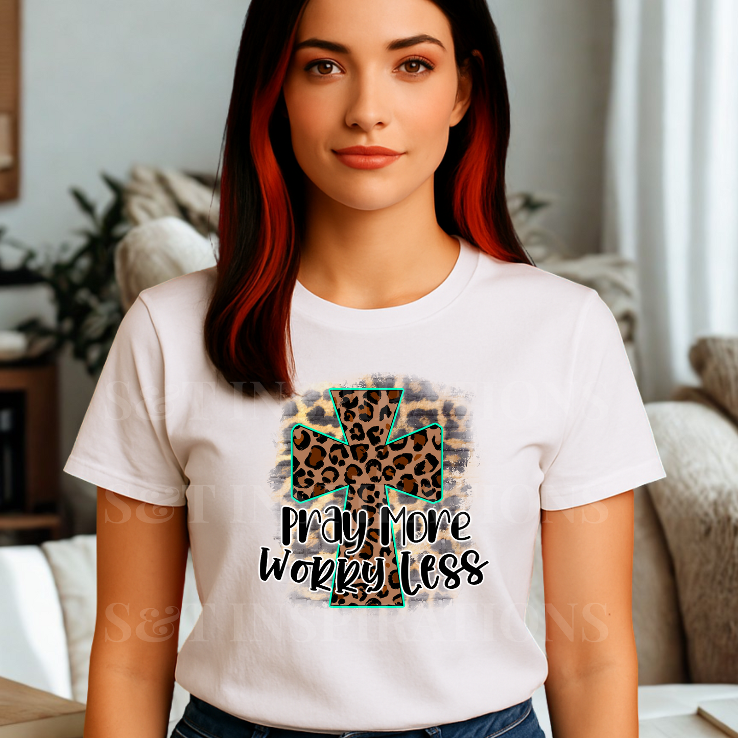 Pray More Worry Less Shirt – Christian Leopard Cross Faith T-Shirt, Inspirational Bible Verse Tee for Women