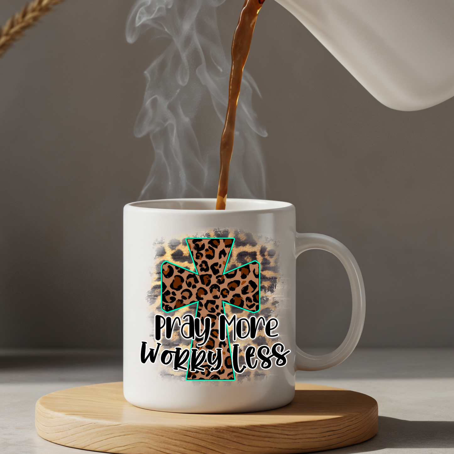 Pray More Worry Less Mug – Christian Leopard Cross Coffee Cup, Inspirational Gift White Mug