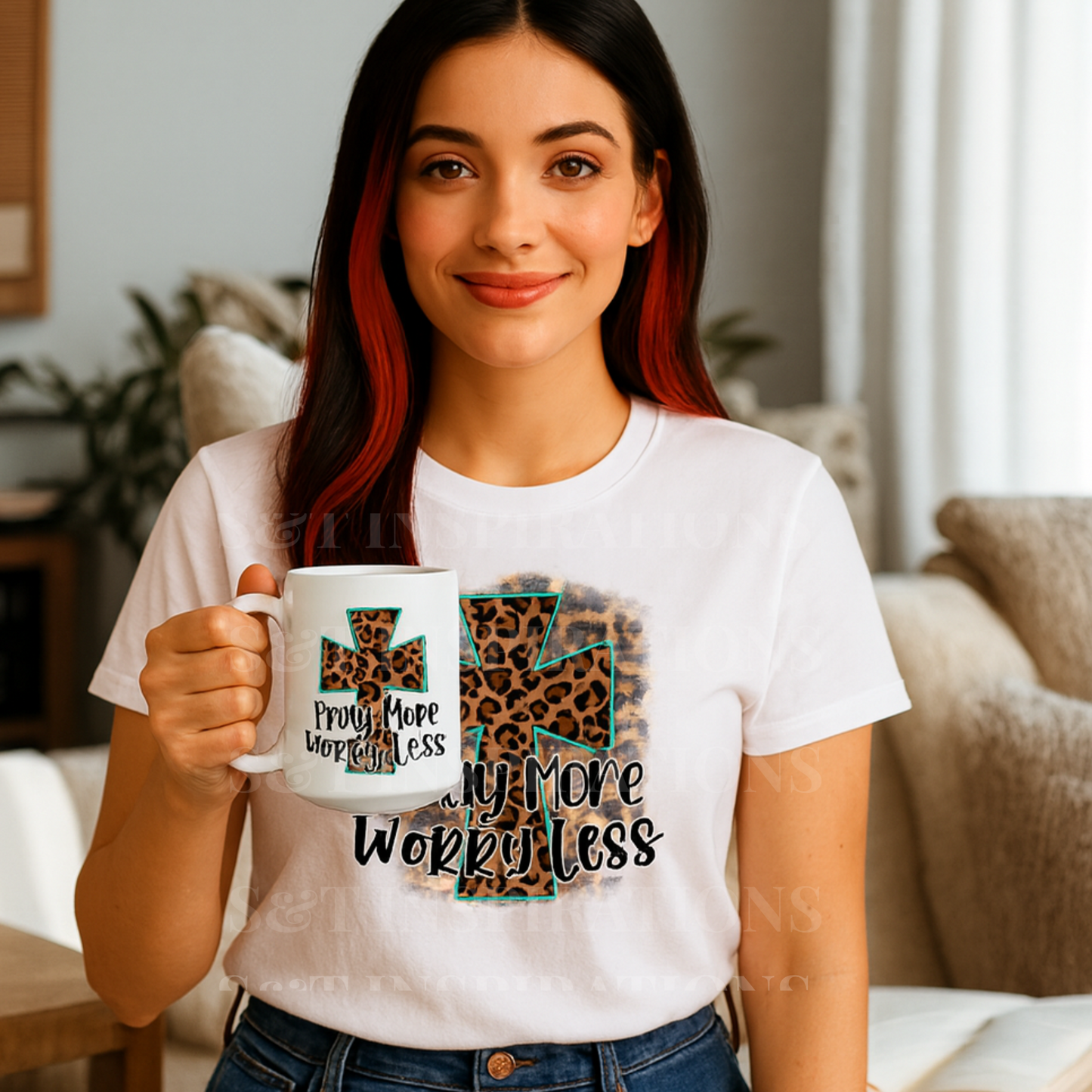 Pray More Worry Less Mug – Christian Leopard Cross Coffee Cup, Inspirational Gift White Mug