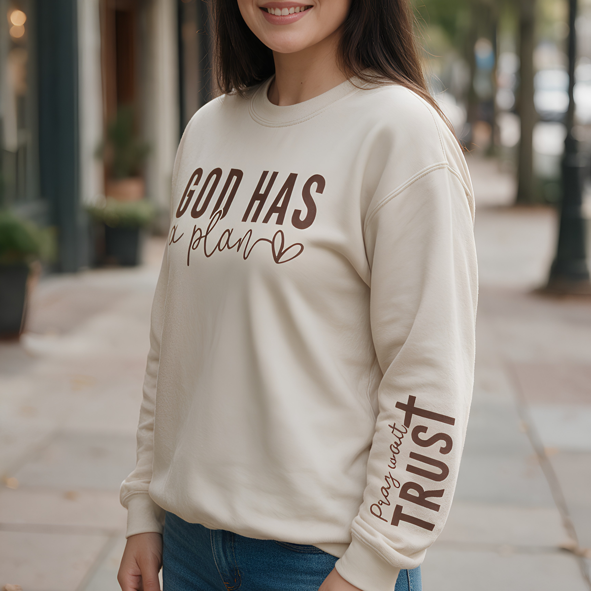 God Has a Plan Sweatshirt, Christian Faith Crewneck, Pray Wait Trust Sleeve, Inspirational Christian Gift for Women