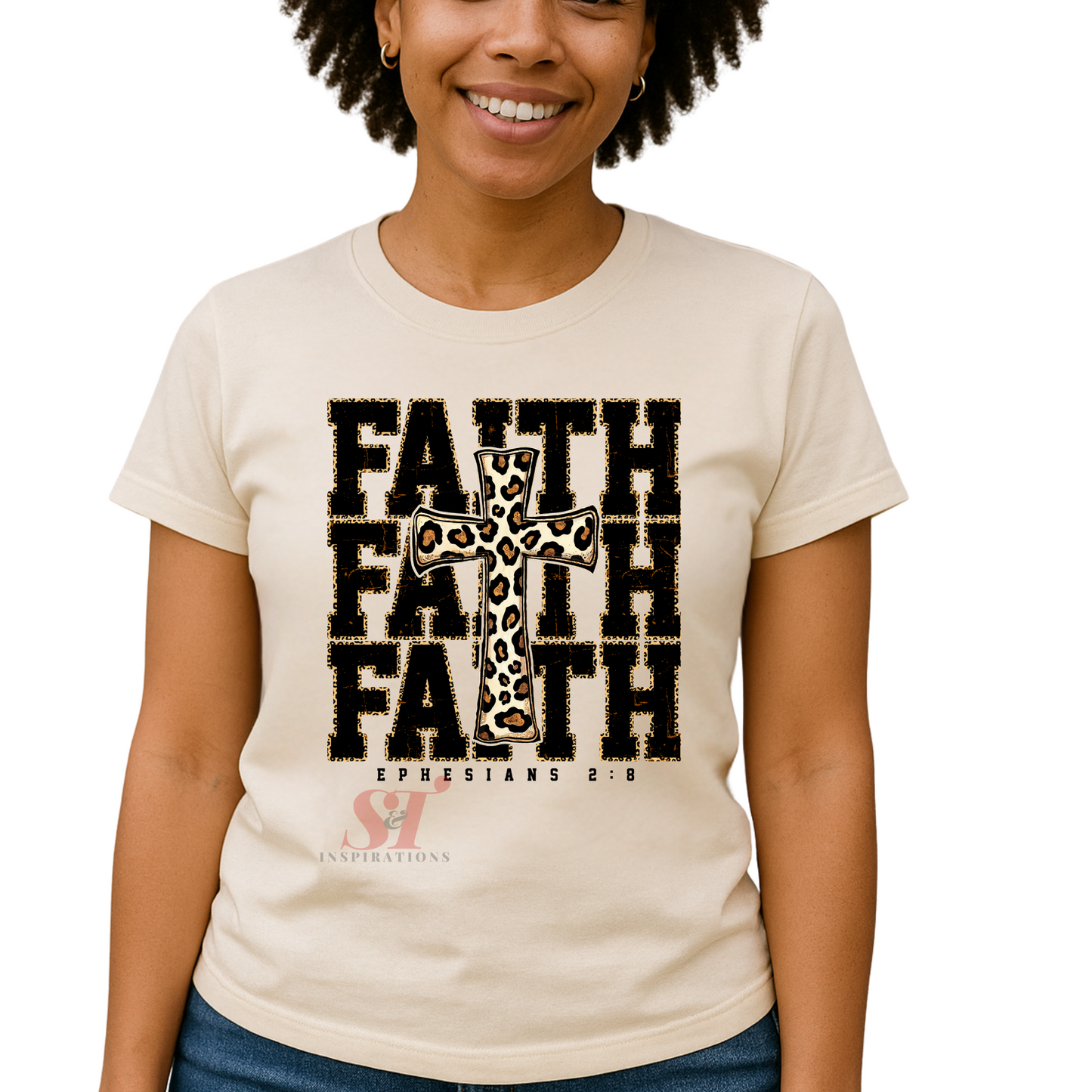 Leopard Print Cross Tee with Scripture | Ephesians 2:8 | Women's Christian Shirt| Women’s Inspirational Shirt, Gift for Her, Cross Shirt