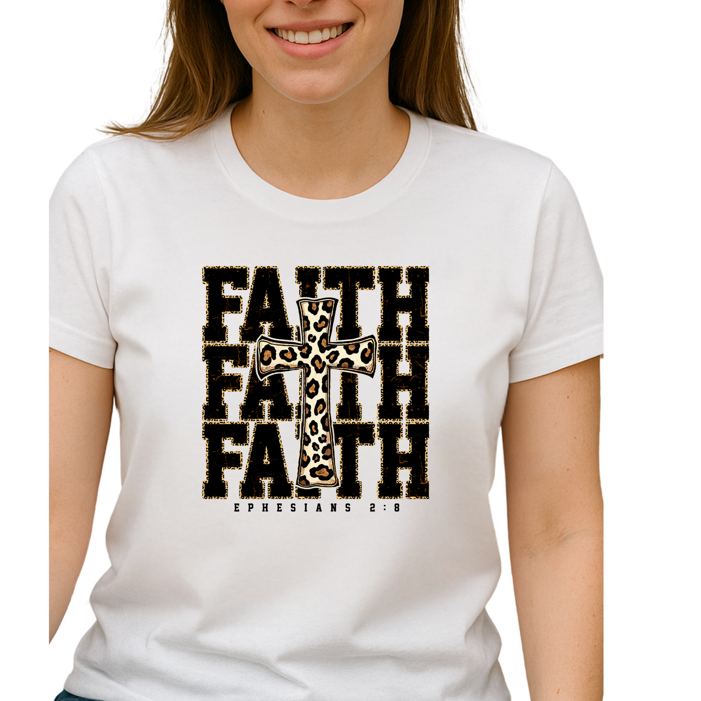 Leopard Print Cross Tee with Scripture | Ephesians 2:8 | Women's Christian Shirt| Women’s Inspirational Shirt, Gift for Her, Cross Shirt