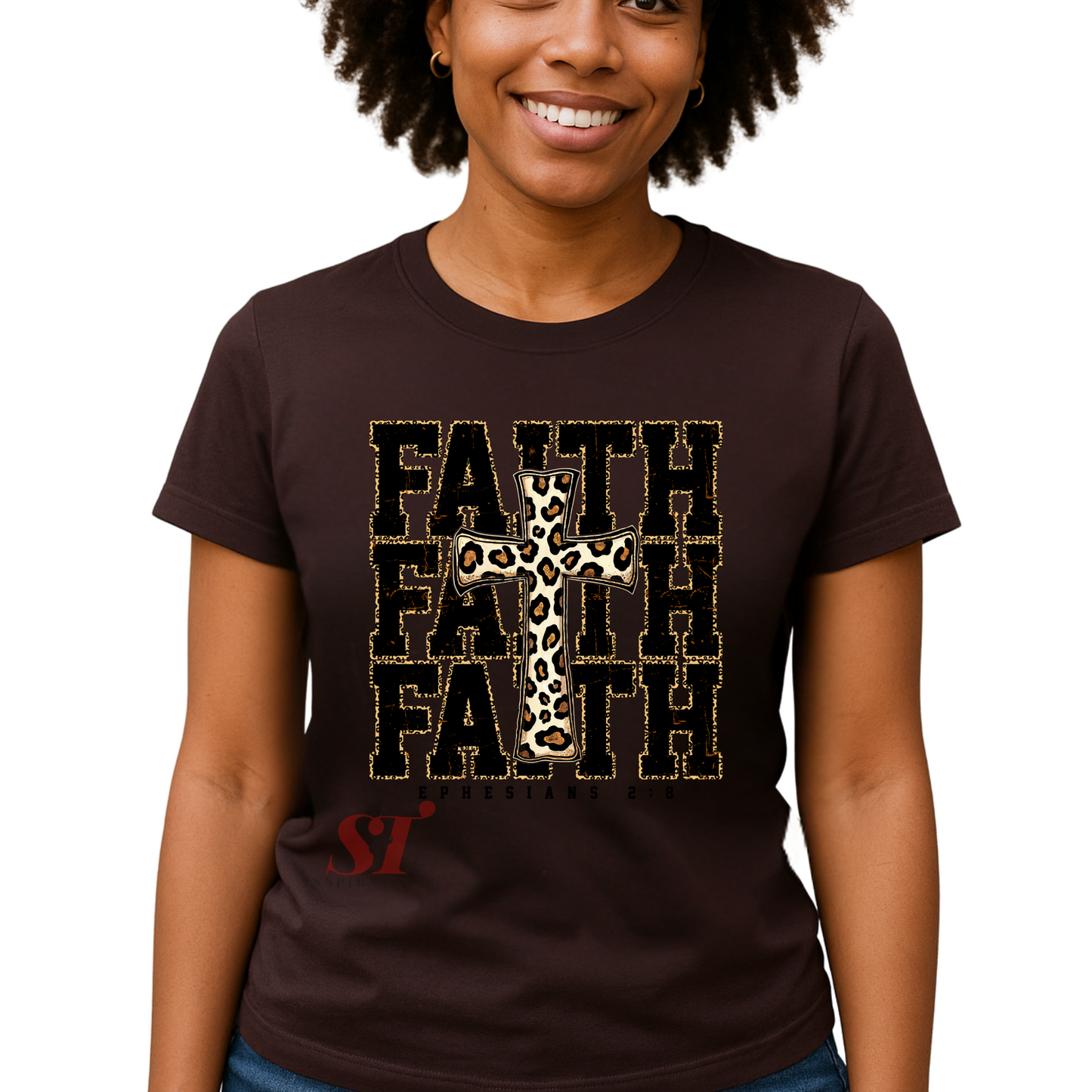 Leopard Print Cross Tee with Scripture | Ephesians 2:8 | Women's Christian Shirt| Women’s Inspirational Shirt, Gift for Her, Cross Shirt