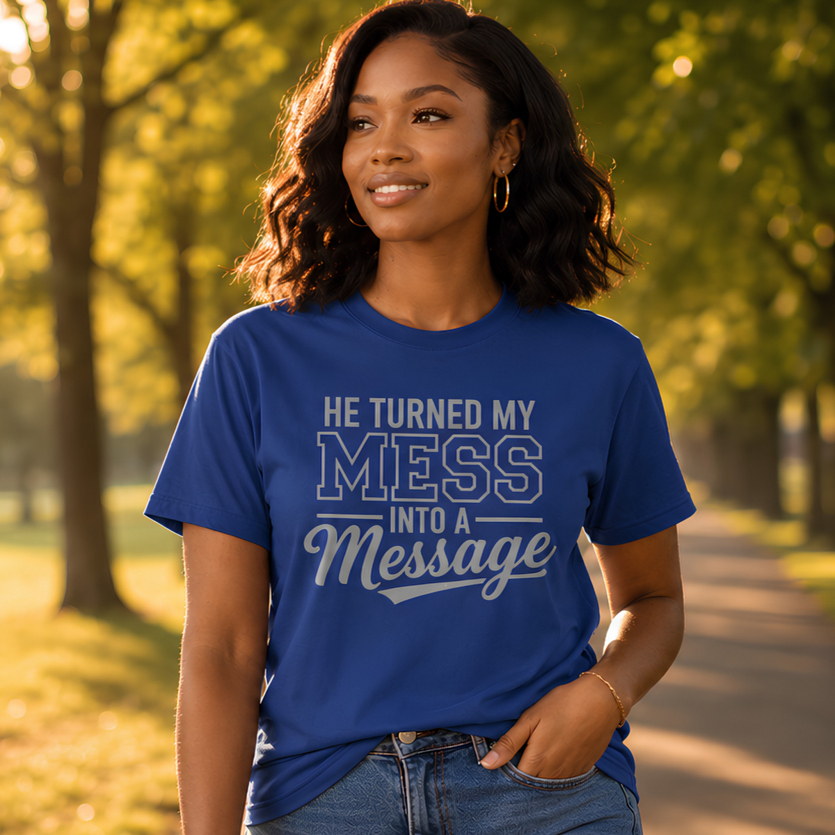 He Turned My Mess Into a Message Shirt, Metro Blue Christian T-Shirt, Faith Based Tee for Women, Inspirational Christian Gift, Gildan Softstyle