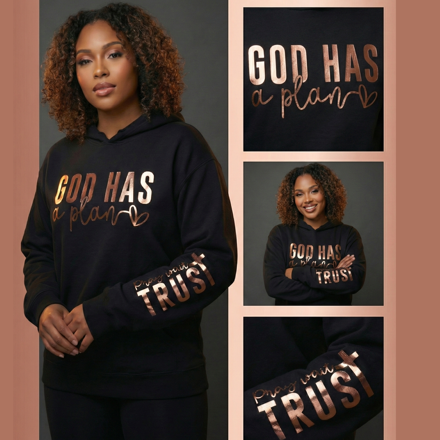 God Has a Plan Hoodie – Black Christian Hoodie with Rose Gold Foil & Pray Wait Trust Sleeve | Faith Apparel for Women