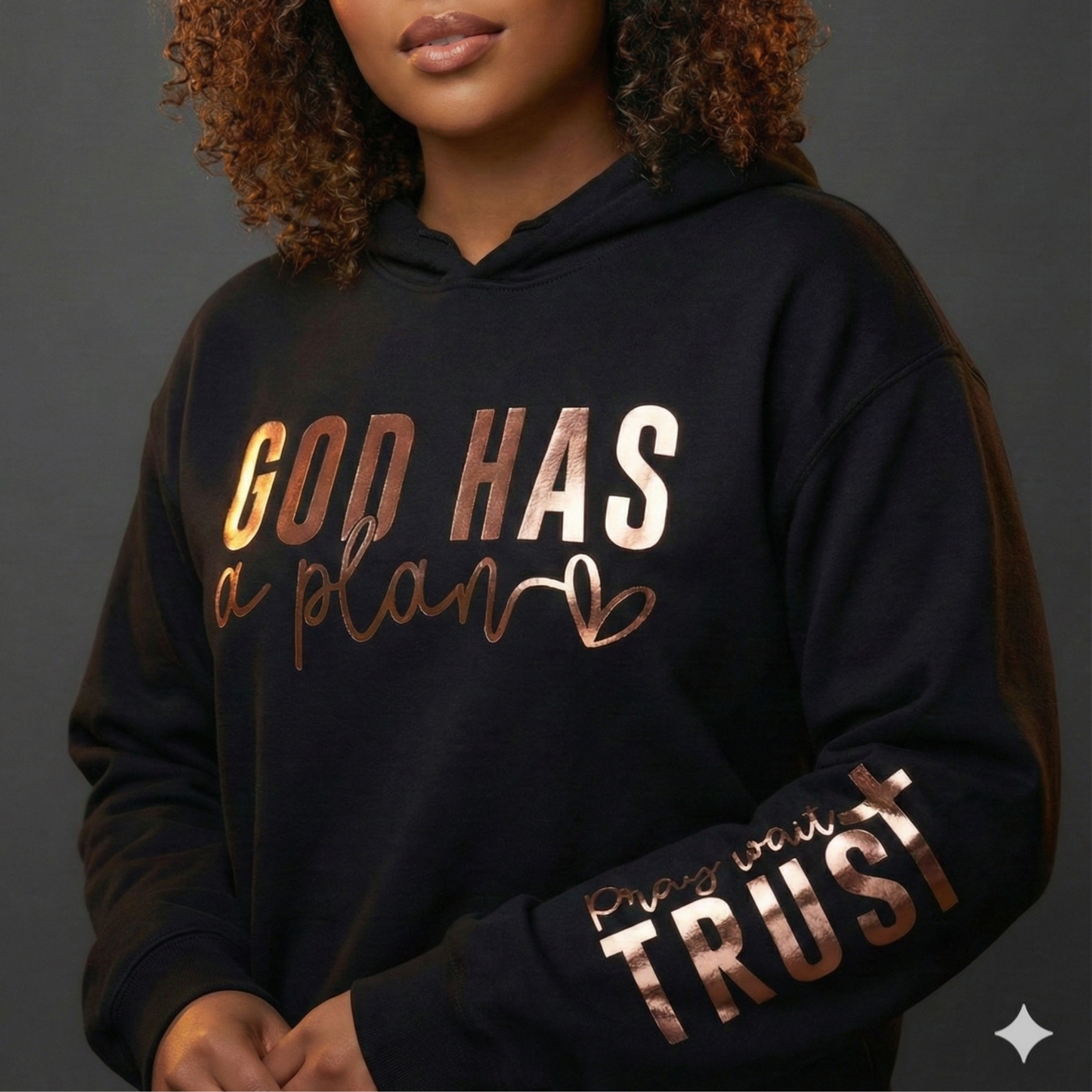 God Has a Plan Hoodie – Black Christian Hoodie with Rose Gold Foil & Pray Wait Trust Sleeve | Faith Apparel for Women