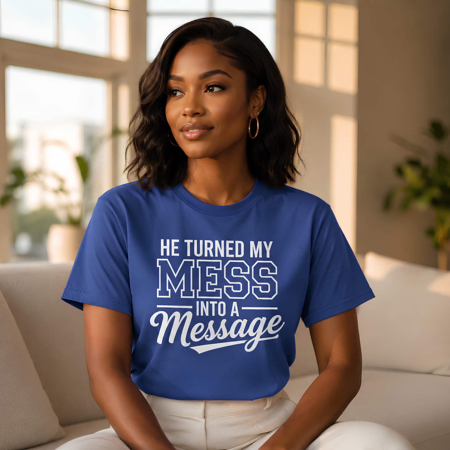 He Turned My Mess Into a Message Shirt, Metro Blue Christian T-Shirt, Faith Based Tee for Women, Inspirational Christian Gift, Gildan Softstyle