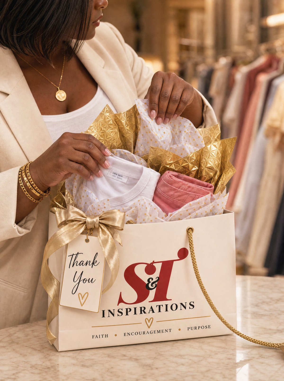 Two folded mystery tees in cream and gold S And T Inspirations promotional gift bag