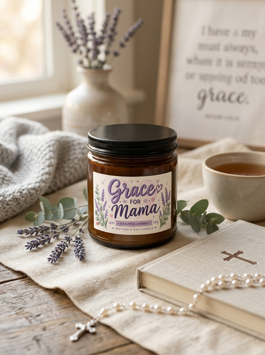 Lavender "Grace for Mama" Soy Candle — 4oz & 9oz Amber Jar with Black Lid