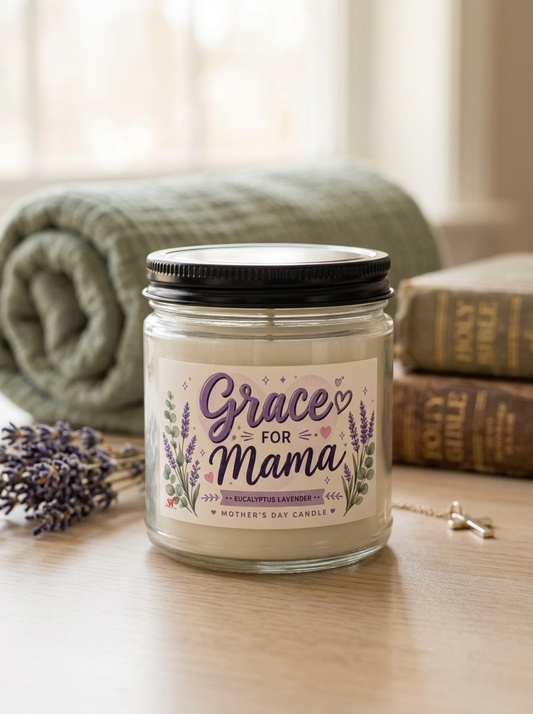 Lavender "Grace for Mama" Soy Candle — 4oz & 9oz Amber Jar with Black Lid