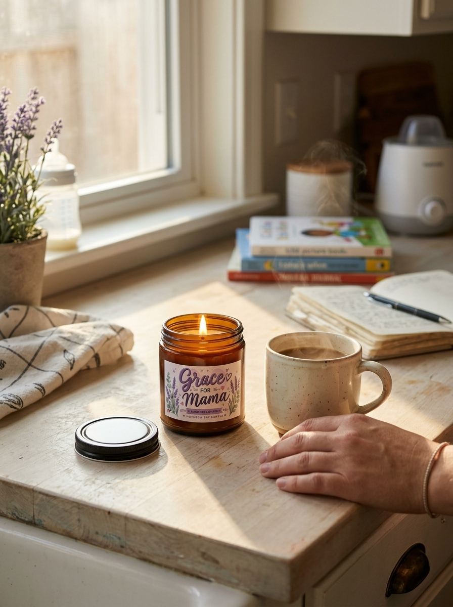 Lavender "Grace for Mama" Soy Candle — 4oz & 9oz Amber Jar with Black Lid